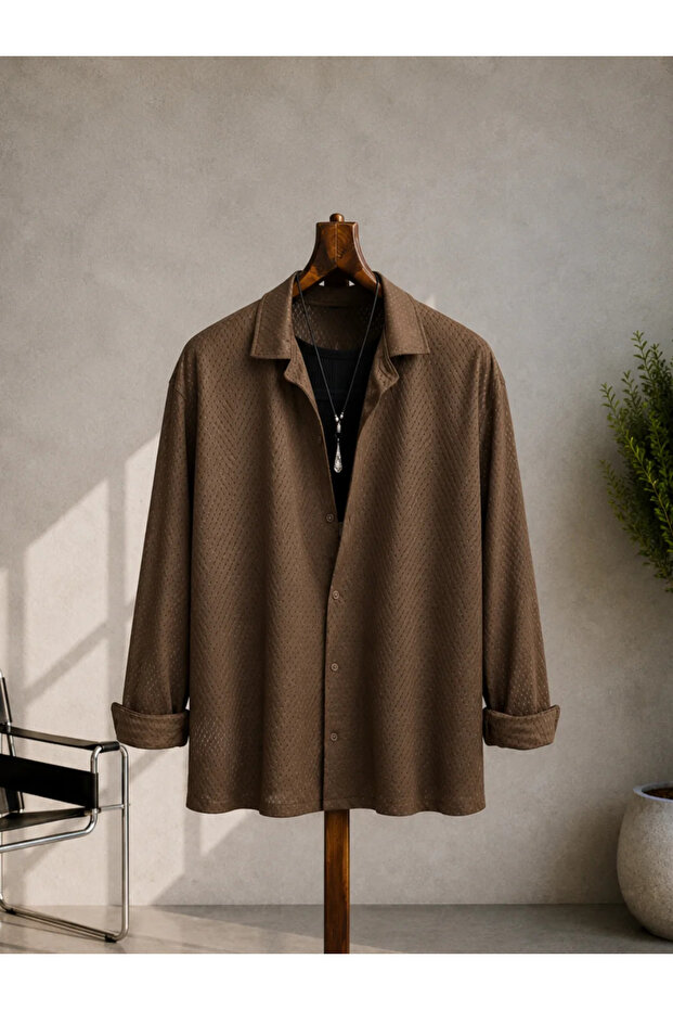 Oversize Perforated Satin Brown Shirt and Undershirt