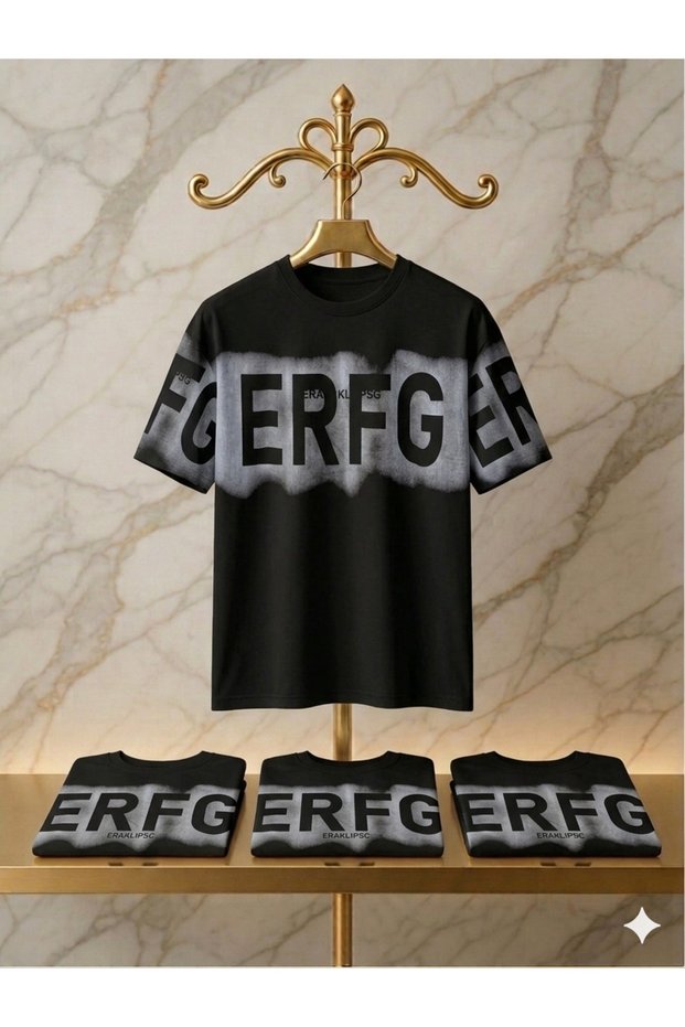 Men's Oversize T-Shirt 24-1 Suprem Combed Cotton Wide Fit Shadow Print Foerfger Black - Green - Gray