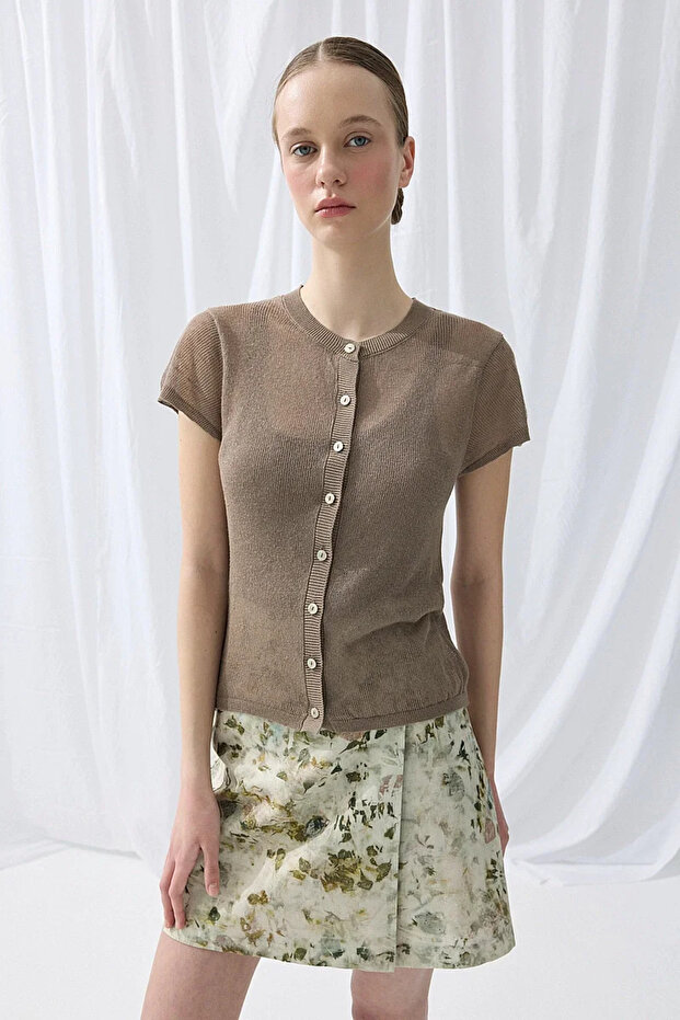 Linen Short Sleeve Knitwear Cardigan - Brown