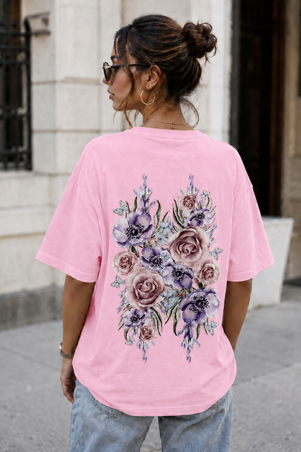 Flower Bouquet Back Print Unisex Oversize T-Shirt – Cotton Crew Neck Casual T-Shirt
