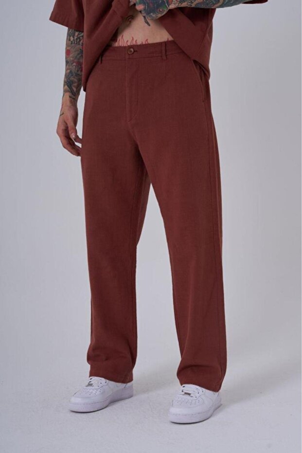 Men's Relaxed Linen Look Trousers Plum