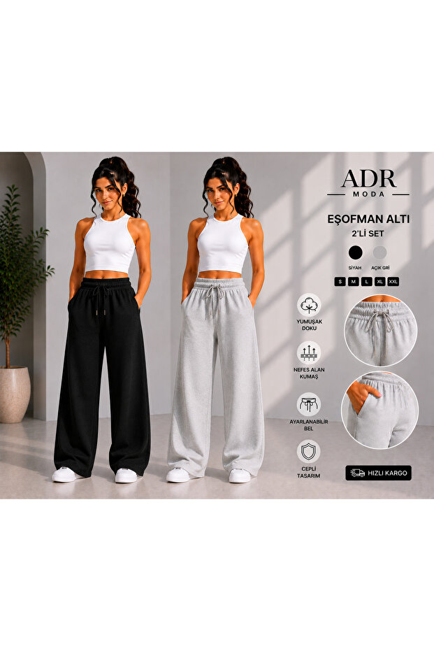 2-Piece Wide Leg Sweatpants Black Gray Daily Use Loose Fit