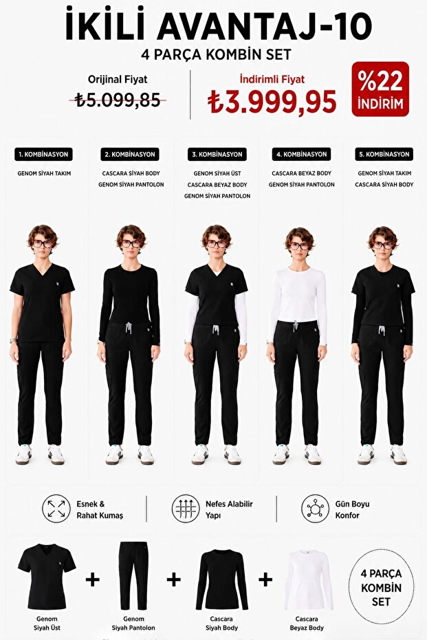 4 Pieces Black Scrubs Combination Set Medical Uniform Nurse Doctor Uniform