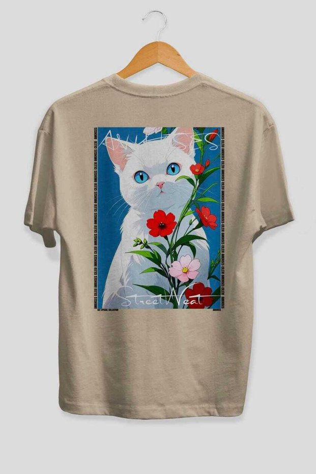 For the Love of Cats 115 Cat Printed Beige Oversize T-Shirt 100% Cotton Unisex Cat Lover Premium Design