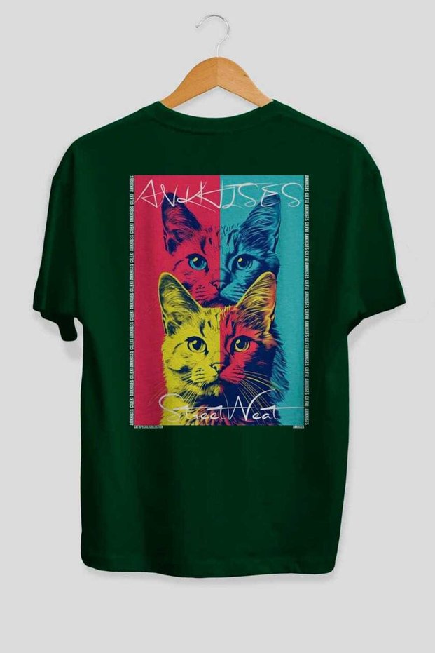 47 Cats for the Sake of Cats Printed Green Oversize T-Shirt 100% Cotton Unisex Cat Lover Premium Design
