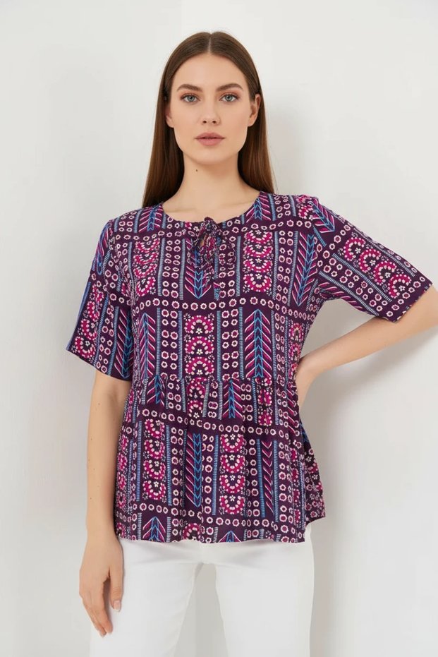 Women's Lace-Up Loose-Fit Short Sleeve Patterned Viscose Burgundy Blouse