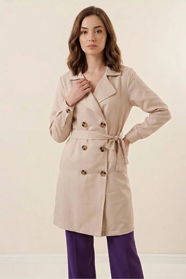 Women's Double-Breasted Collared Belted Beige Trench Coat