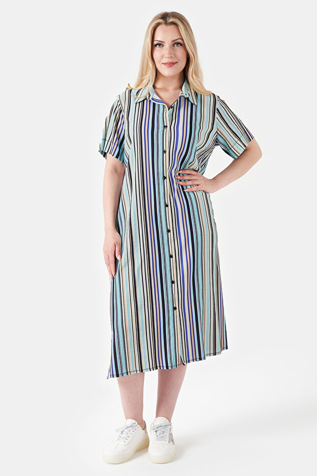 40293 Blue Cotton Soft Fabric Striped Dress