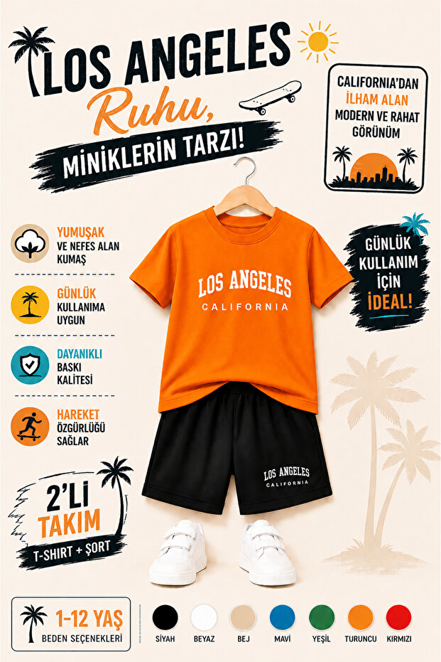 🌴 Los Angeles California Printed Kids' Set – Future Astronauts' Uniform | 2-Piece T-Shirt & Shorts Set