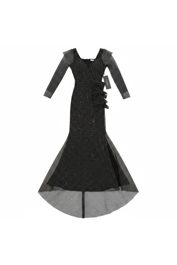 Bianca Nera Black Rhinestone Long Sleeve Evening Gown
