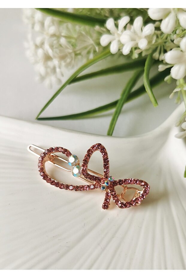 Stone Embellished Bow Hair Clip Pink