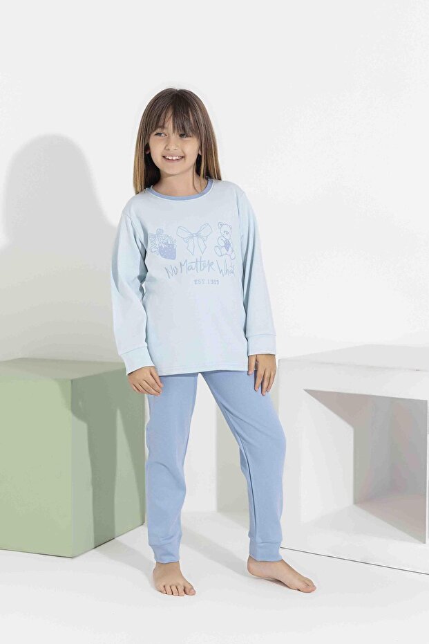 Girl's Interlock Pajama Set Long Sleeve Relaxed Fit 84071-Blue