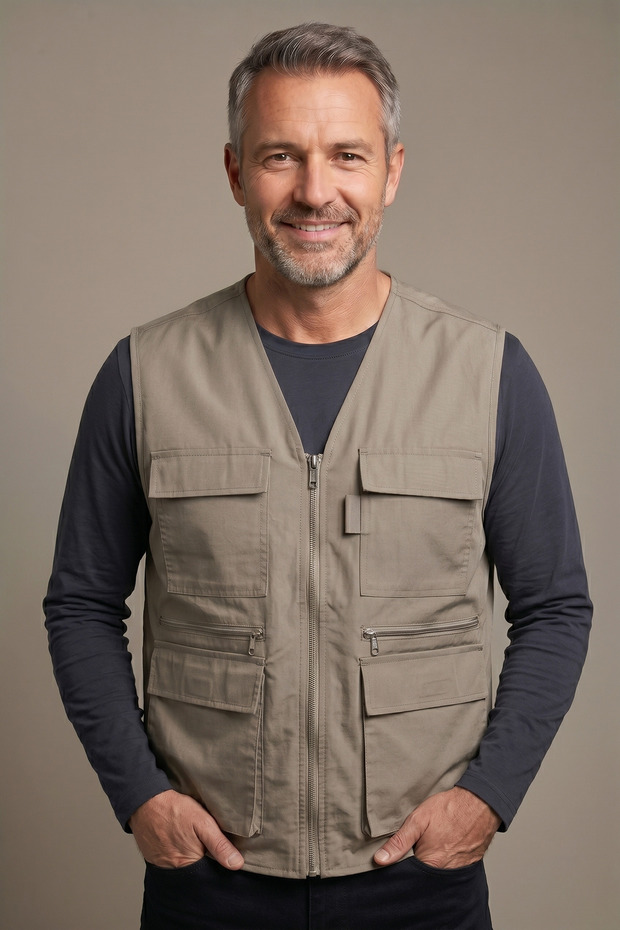Baba Men's V-Neck Earth Color Multi-Pocket Zippered Hunting Vest