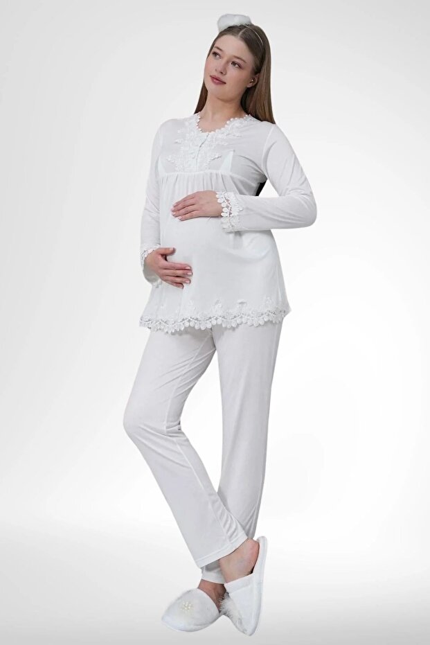 Maternity Lace Detailed Long Sleeve Pajama Set 75% Cotton 25% Viscose