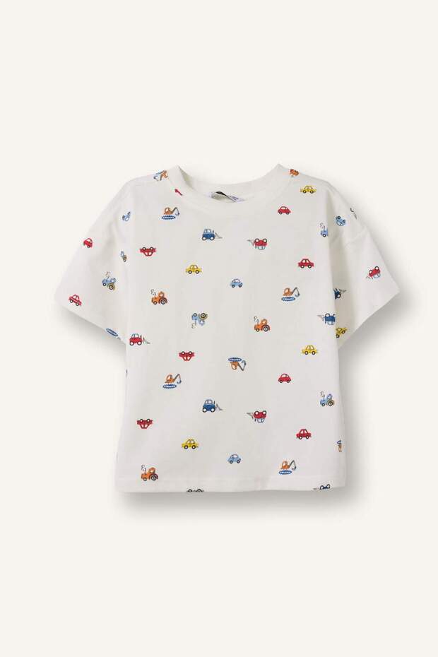 100% Cotton Regular Fit Car Patterned Short Sleeve White T-Shirt Baby Boy H8233A526Hs