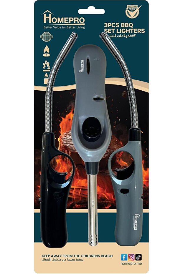 3-Pack BBQ Lighters, Long Neck Gas Lighters - Utility Flexi Lighter Set - Multicolor