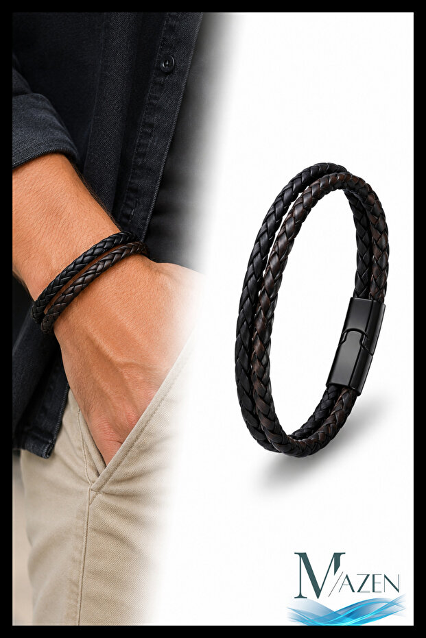 Men's Leather Bracelet Black Brown Braided Design Magnetic Lock Bracelet