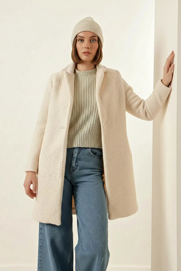 Women's Classic Collar Oversize Cashmere Ecru Coat
