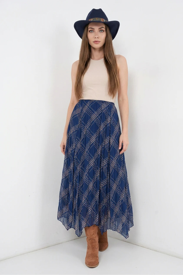 Women's Asymmetrical Cut Striped Pattern Chiffon Navy Blue Skirt