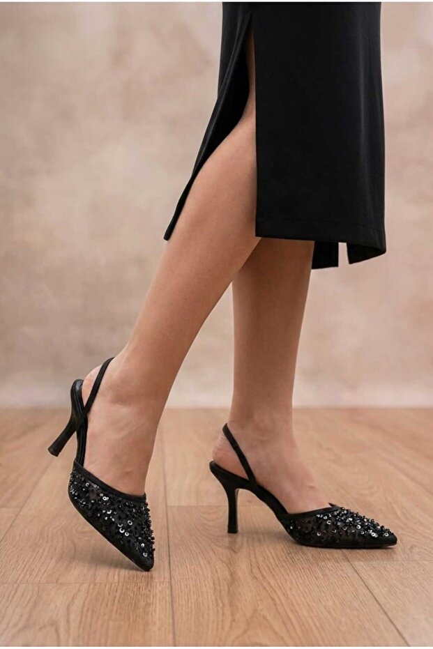 Transparent Heeled Slippers with Bead and Tape Detail