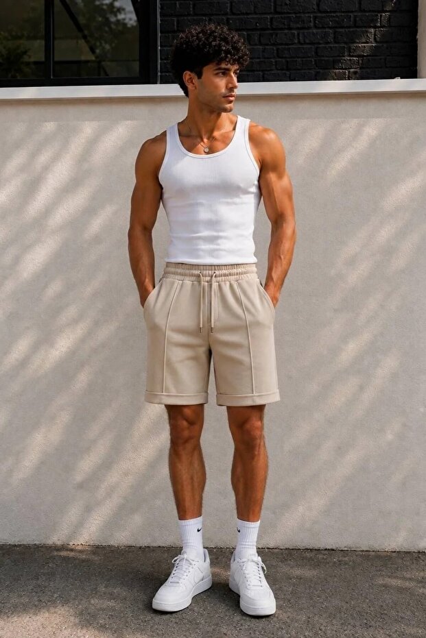 Diagonel Fabric Beige Men's Shorts Mz-93056