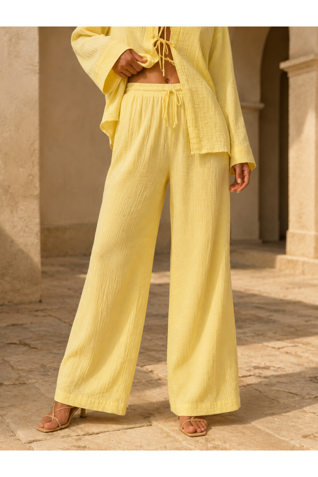 Luna 100% Cotton Muslin Trousers with Elastic Waist and Tie, Loose Wide-Leg Comfortable Fit Pants