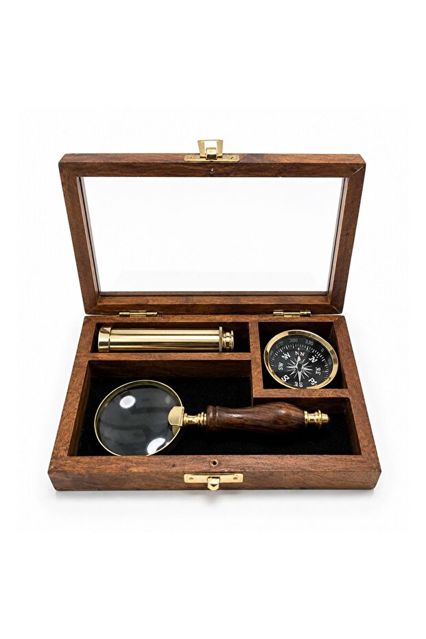 Brass Compass Telescope and Magnifying Glass Set with Wooden Box
