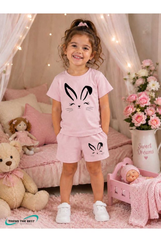 Summer Eared Rabbit Printed Girls' Pink Shorts, Pink T-Shirt Set