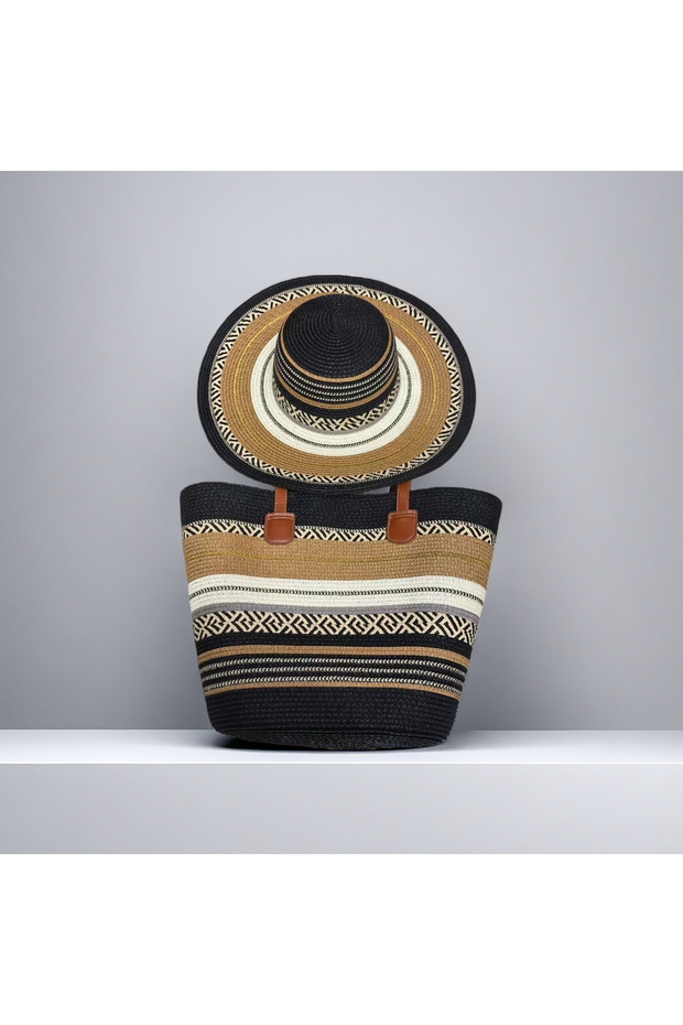Striped Straw Tote Bag & Wide Brim Sun Hat Matching Summer Set