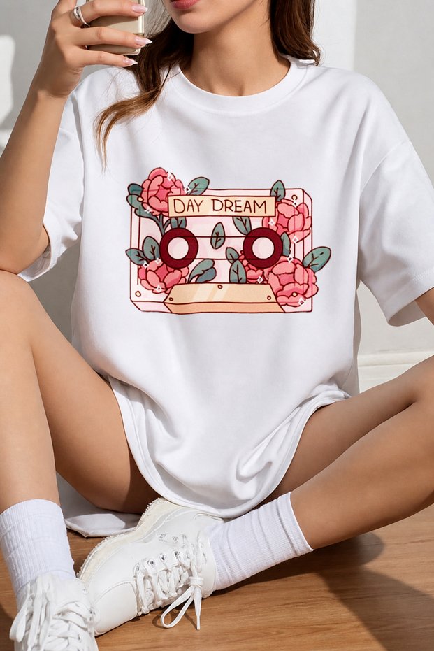 Women's Day Dream Floral Cassette Printed Oversize Crew Neck Cotton Casual Combed Cotton T-Shirt