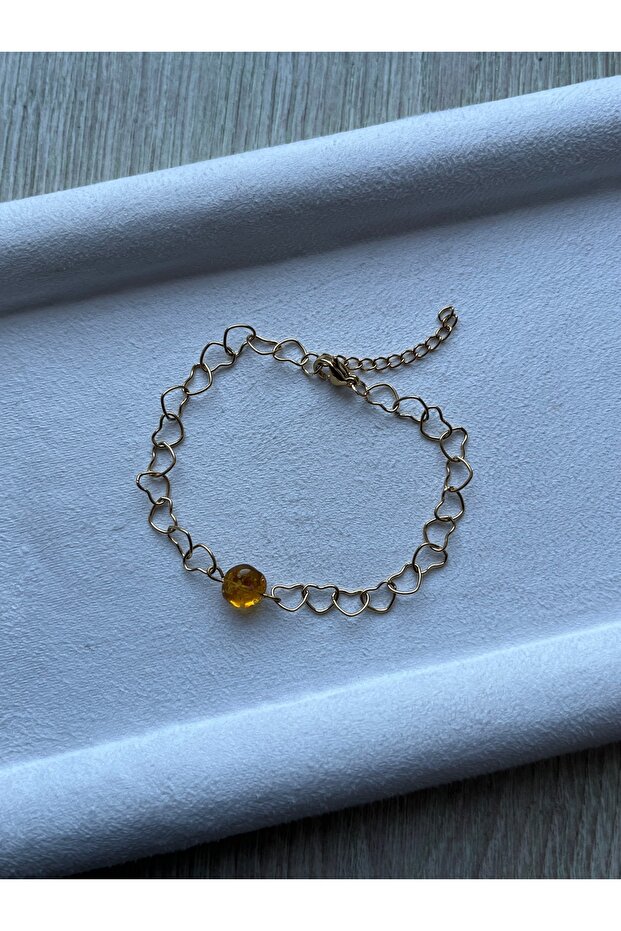 Amber Stone Heart Chain Steel Bracelet Handmade Non-Tarnish
