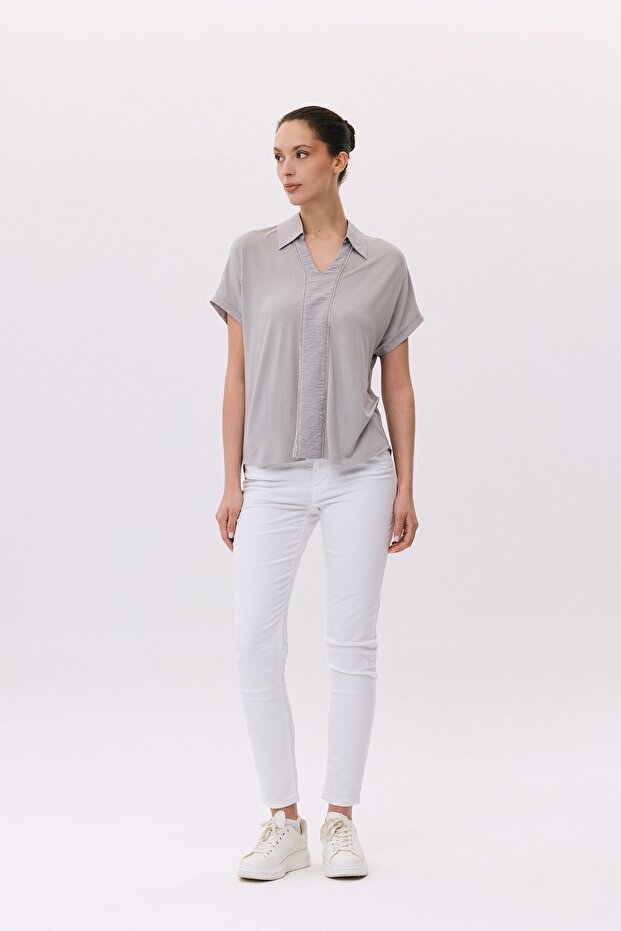 Polo Collar Shiny Kupra Garnished Stripe Stone Detailed T-Shirt
