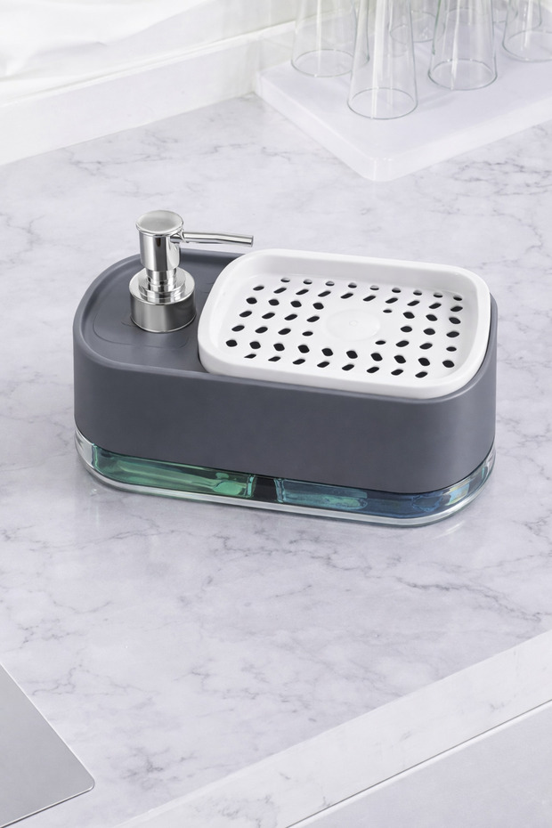 Push-Button 2-in-1 Liquid Soap Dispenser and Dishwashing Sponge Detergent Dispenser