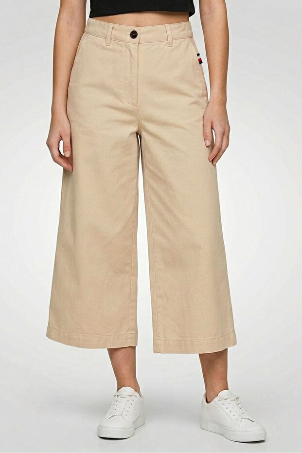 Women Solid Chino Culotte Shorts, Beige