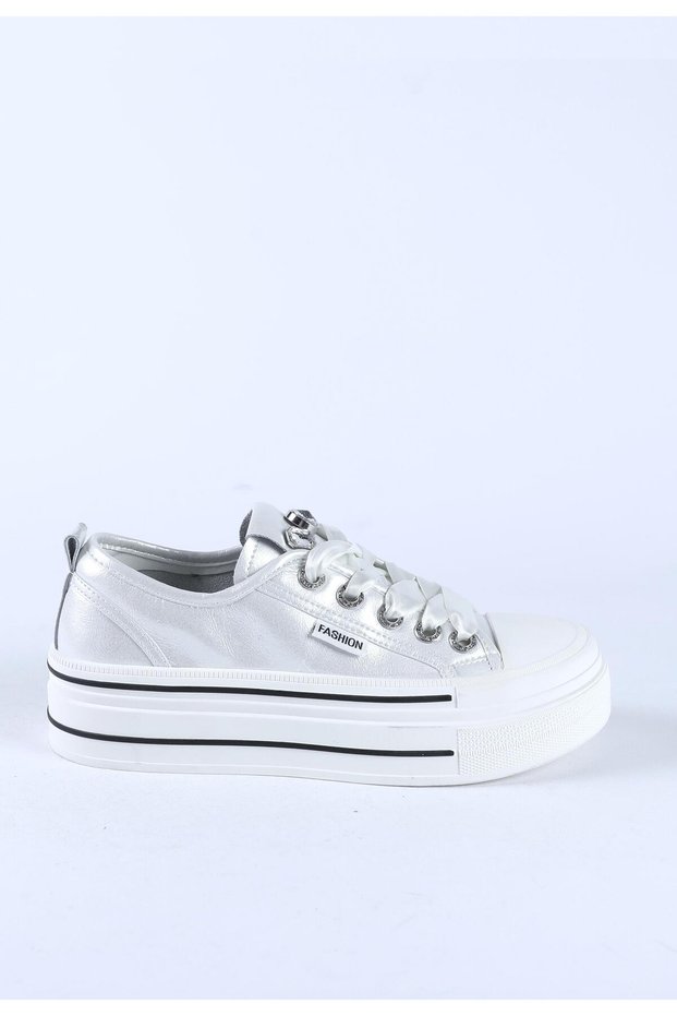 Women's Imported Thick Sole Ribbon Lace-Up Stoned Patent Leather Sports Shoes & Sneakers White