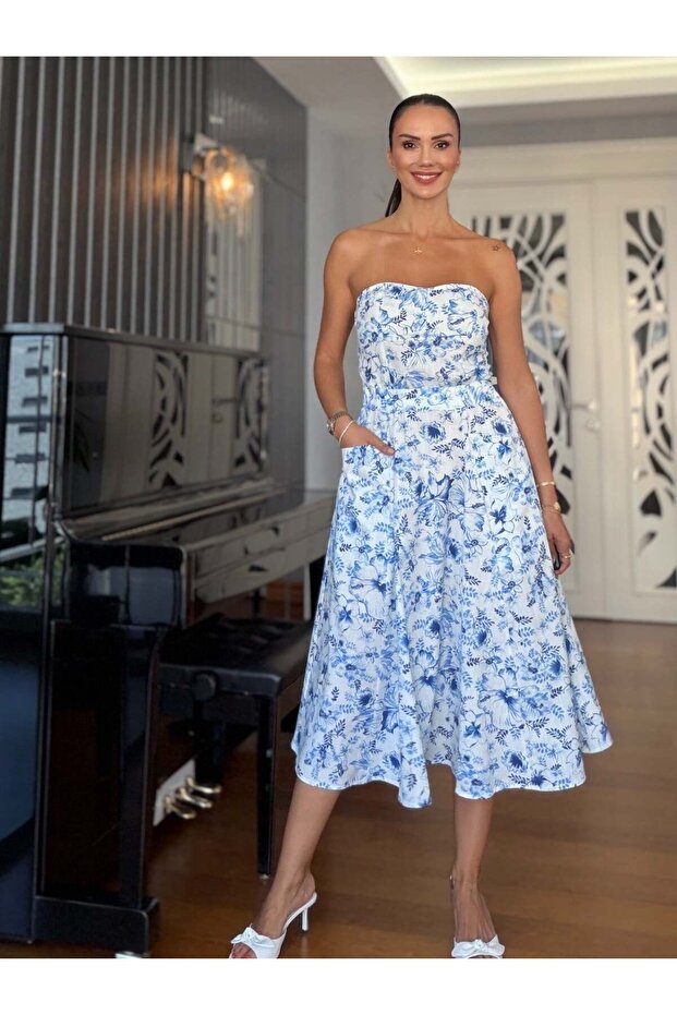 Blue Strapless Dress with Pockets