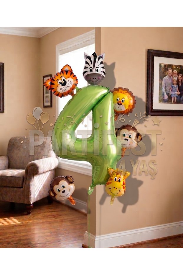 Safari Animals 6-Piece Balloon Set Birthday Balloon Set Safari Concept and Green Number Balloon