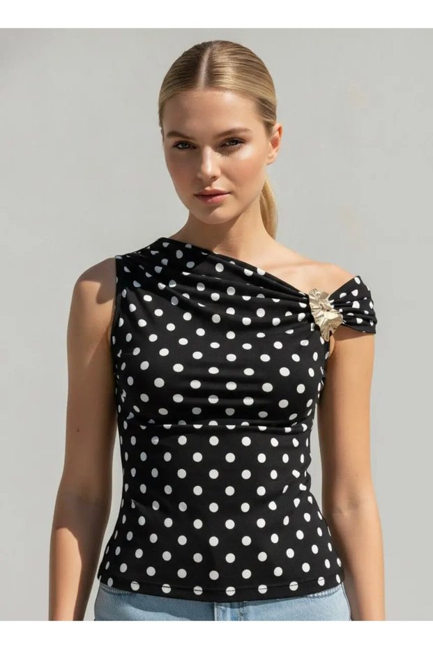 Women's Boat Neck Polka Dot Buckle Detail Design Viscose Blouse 26075