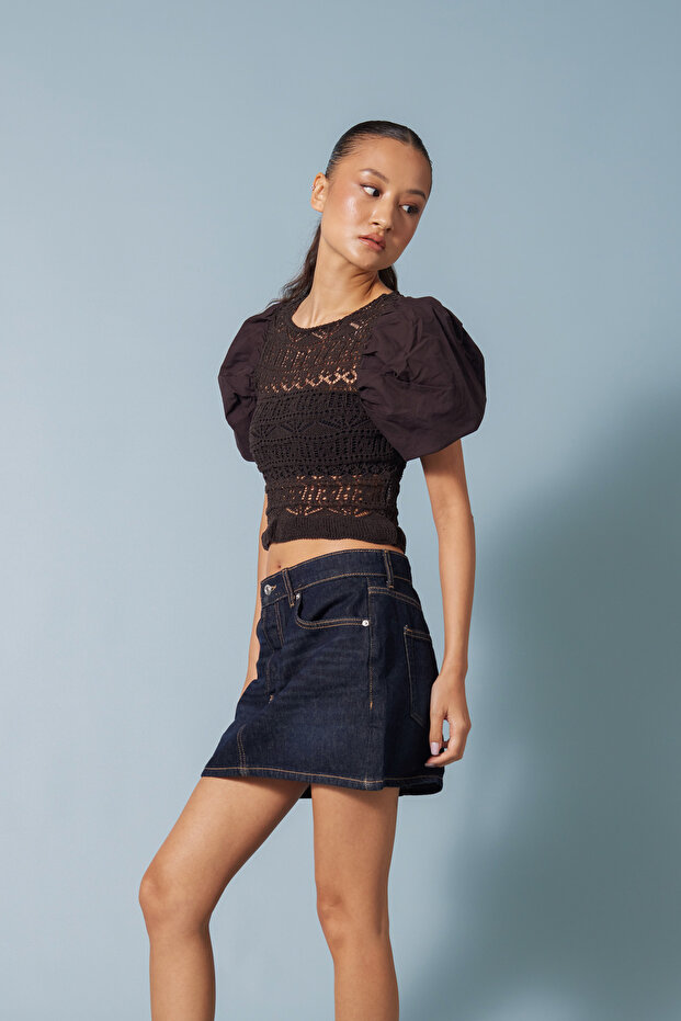 Balon Kol Detailled Openwork Knitted Blouse Brown