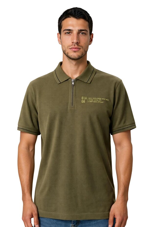 Ar-Ma Men's Polo Collar T-Shirt Without Print Basic Collar Zippered Knitted Fabric Regular Fit 100% Cotton 30/1 Çi