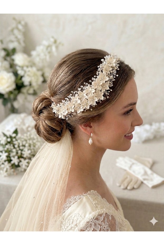 Special Design Crystal Beaded Hair Crown 30 cm - White Pearl Shades Handcrafted Stone Crown- Bridal Crown-Pearl Crown