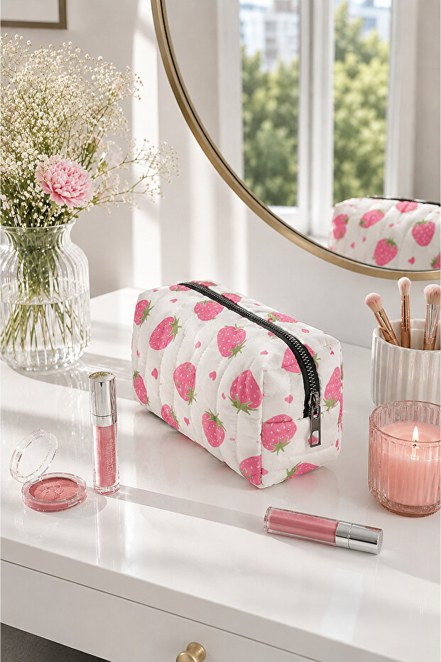 Patterned Zippered Makeup Bag Pink