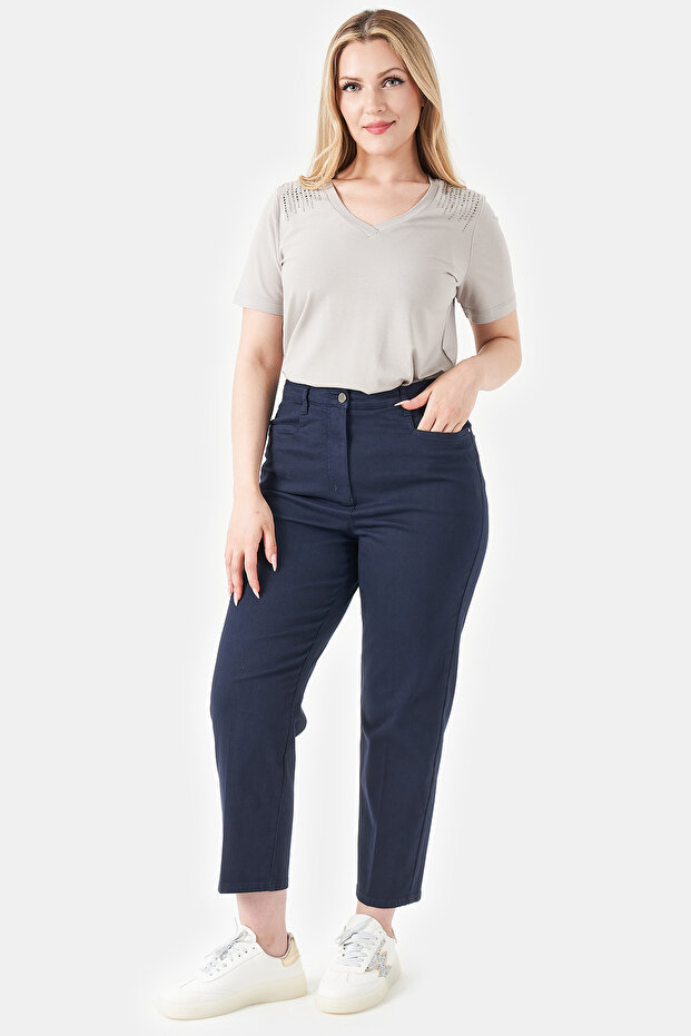 30215 Dark Blue Hidden Elastic Waist Cotton Pants