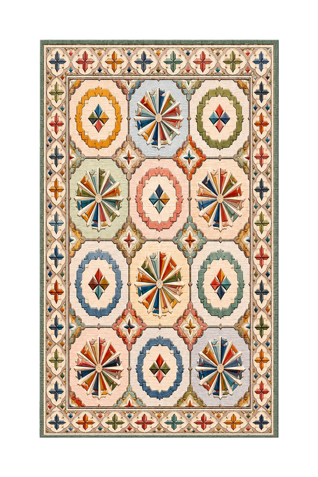 Sdt Modern Geometric Medallion Patterned Cream Woven Base Decorative Carpet Sdtt1520