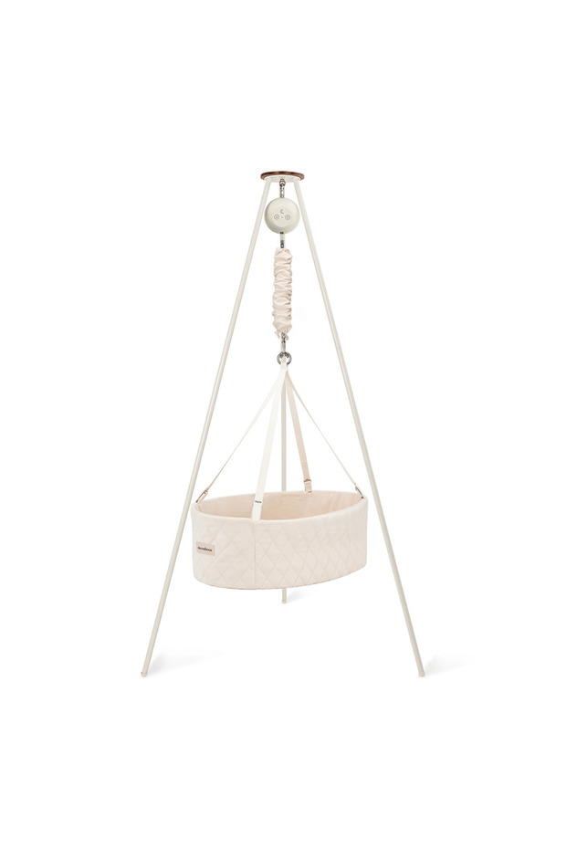 Classic Bundle Oval Cradle Motor Premium & Tripod Stand - Organic Baby Cradle With Mattress & Spring - Scandinavian Hanging Cradle For Newborn Sleep - Gots Certified Cotton - Nature