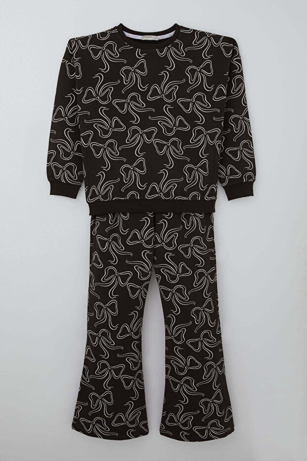Girl's Tracksuit Set with Ribbon Pattern and Elastic Waist, Ages 9-14, Dark Brown