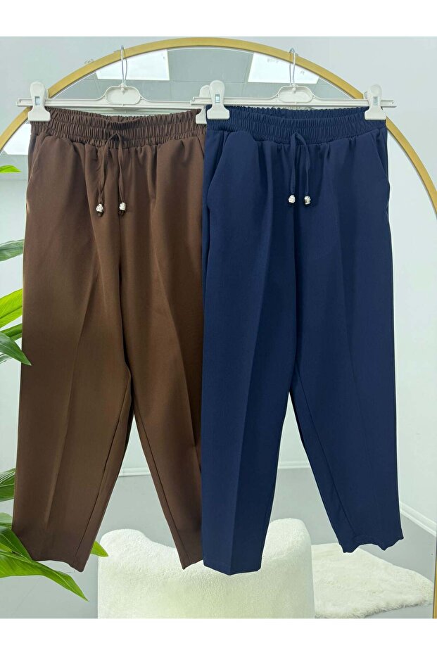 Elastic Waist Pocket Detailed Double Pants Navy Blue