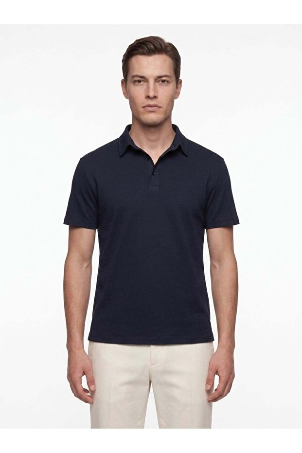 Slim Fit Cotton Anti-Curling Polo Collar Navy Blue T-Shirt Ts 928