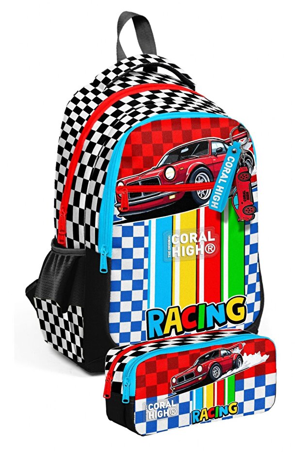 Red Racing Car Printed Boys' Primary School Backpack and Pencil Bag Set - Setygn33257C