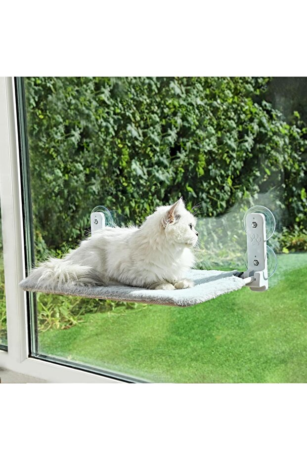 Cat Hammock Bed & Window Perch: Foldable Cordless Pet Lounger with 4 Strong Suction Cups, Solid Metal Frame, Soft Plush Pad for Sunbathing, Napping, Overlooking (White 52 * 32 * 20cm)